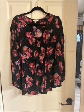 Women's Black Floral Blouse with Pink Accents